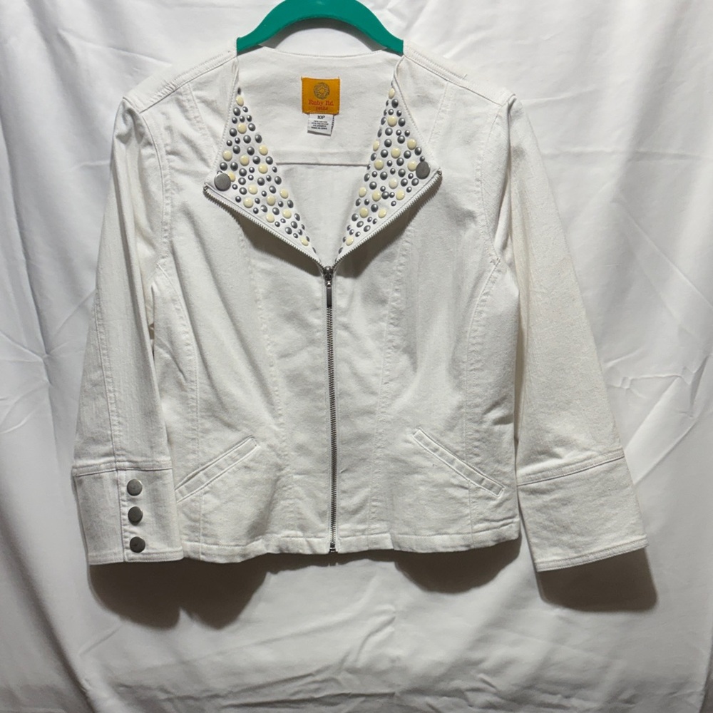 Ruby Rd. White Zip-Front Stud Collar Jean Jacket - image 1